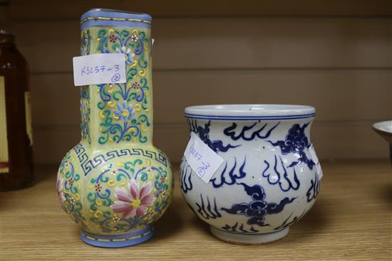 A Chinese blue and white censer and an enamelled glass vase